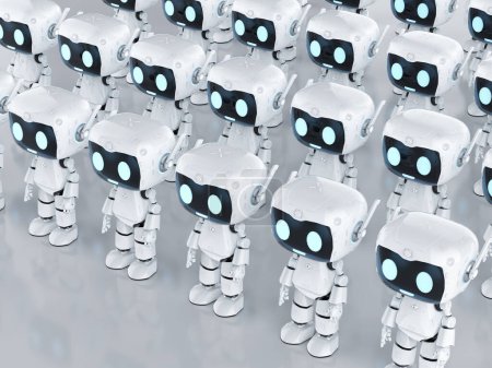 Téléchargez les photos : Groupe de rendu 3d de robots assistants personnels d'intelligence artificielle mignons et petits avec personnage de dessin animé - en image libre de droit
