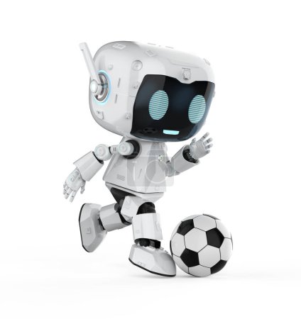 Téléchargez les photos : 3d rendant mignon et petit robot assistant personnel intelligence artificielle jouer au football ou au soccer - en image libre de droit