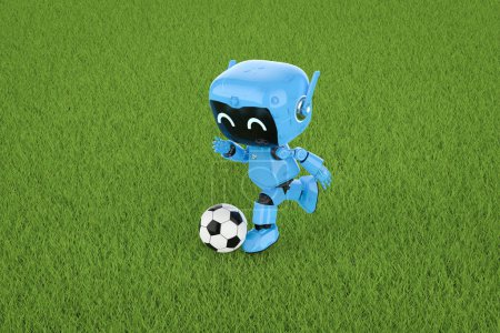 Foto de 3d renderizado lindo y pequeño robot asistente personal inteligencia artificial jugar fútbol o fútbol - Imagen libre de derechos