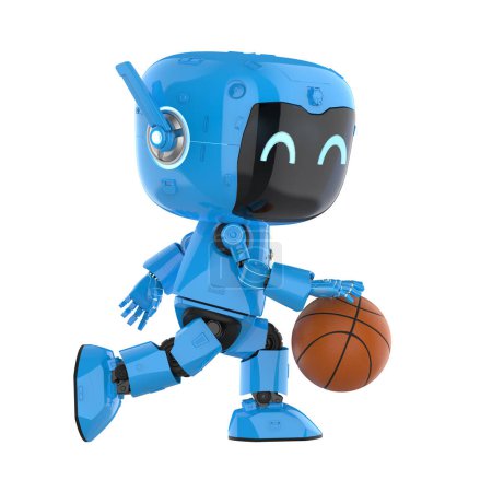 Téléchargez les photos : 3d rendant robot assistant personnel mignon ou robot d'intelligence artificielle jouer au basket-ball sur fond blanc - en image libre de droit