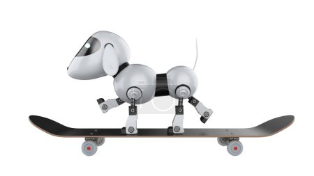 Téléchargez les photos : 3d rendu chien robot jouer skateboard sur fond blanc - en image libre de droit