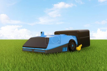 3d renderizado robot de césped o cortador de césped eléctrico para el cuidado del césped en hierba verde con cielo nublado 