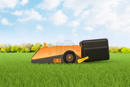 3D-Rendering-Rasenmähroboter oder elektrischer Rasentrimmer zur Rasenpflege auf grünem Gras bei bewölktem Himmel 