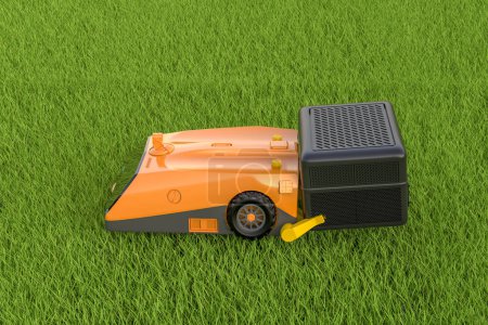 Foto de 3d renderizado robot césped mover o cortador de césped eléctrico para el cuidado del césped en hierba verde - Imagen libre de derechos
