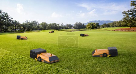 3d rendering robotic lawn mover or electric grass trimmer for lawn care on green grass with cloudy sky 