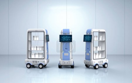 Foto de 3d entrega robot carro o asistente robótico llevar productos - Imagen libre de derechos
