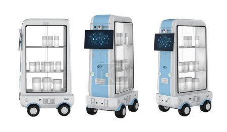 Photo for 3d rendering group of delivery robot trolleys or robotic assistants carry products in various angle isolated on white - Royalty Free Image