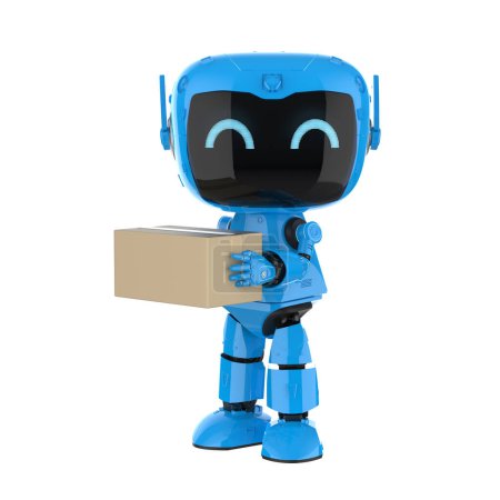 Smart logistic concept with 3d rendering blue delivery robot send parcel box