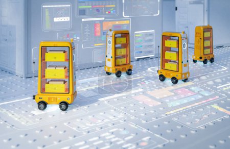 Téléchargez les photos : Groupe de rendu 3d de chariots robotisés de livraison ou d'assistant robotisé portent des produits - en image libre de droit