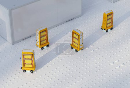 Téléchargez les photos : Groupe de rendu 3d de chariots robotisés de livraison ou d'assistant robotisé portent des produits - en image libre de droit