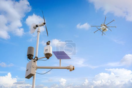 Tecnología agrícola con estación meteorológica de renderizado 3D y mosca de drones por encima 