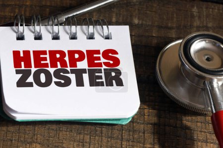 HERPES ZOSTER words in an office notebook next to a stethoscope.