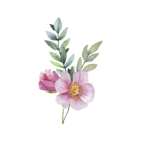 Téléchargez les photos : Bouquet of pink flowers and plants on a white background. hand painted . - en image libre de droit