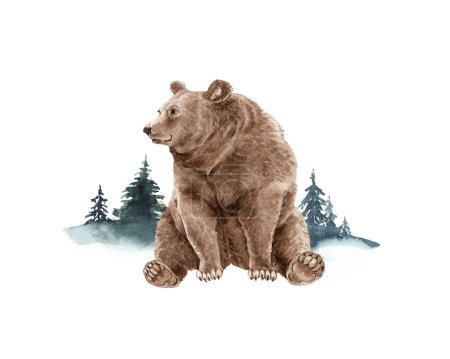 Grizzly oso animal en el fondo del bosque, ilustración acuarela