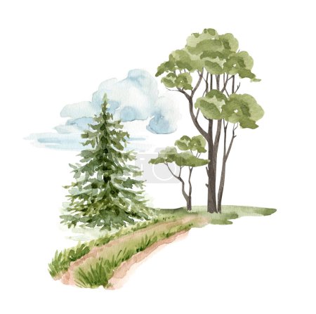 Watercolor illustration of nature forest, path and trees.