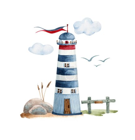Meer Leuchtturm am Ufer Aquarell Illustration in einem marinen Stil auf weißem Hintergrund.