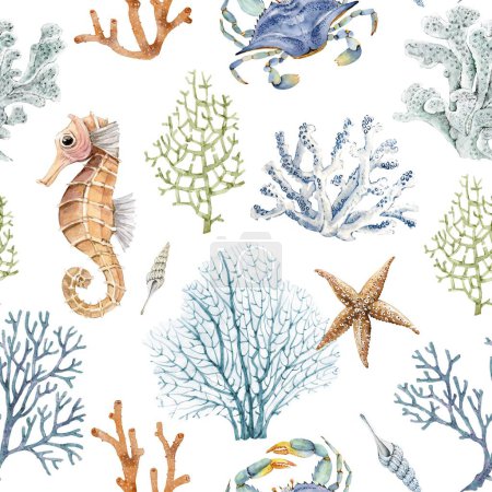 Téléchargez les photos : Modèle sans couture avec des illustrations aquarelles de coraux et d'animaux dans un style marin sur un fond blanc. - en image libre de droit