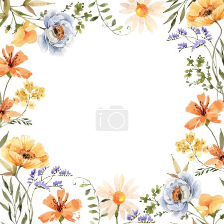 Aquarell-Rahmen aus farbenfrohen Blumen. handbemalt für Design und Einladungen.