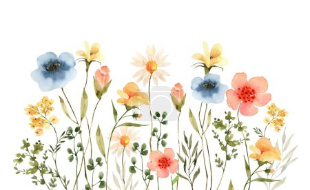 Photo for Border of delicate multicolored meadow flowers, watercolor illustration for design. - Royalty Free Image
