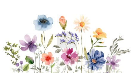 Photo for Border of delicate multicolored flowers, watercolor illustration for design. - Royalty Free Image