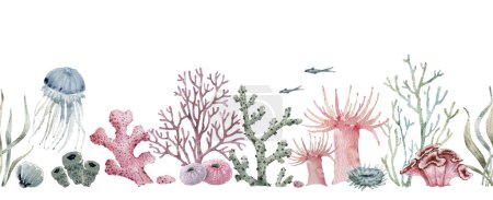 Photo for Seamless border in nautical style with corals and seashells, watercolor illustration. - Royalty Free Image