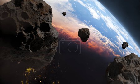 Téléchargez les photos : Astéroïdes dans l'espace et la terre, animation 3D - en image libre de droit