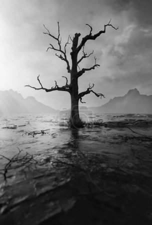 Tierra agrietada y árbol muerto, ilustración 3D