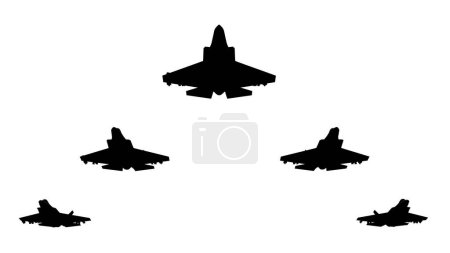 3D-Darstellung von Silhouetten von Flyng-Kampfjets auf weißem Hintergrund