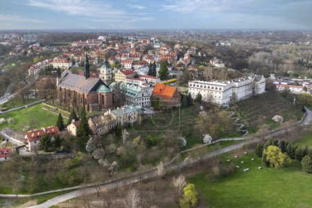 Aerial drone view to the Sandomierz a medieval small town in Poland, located on the Vistula River on seven hills, hence sometimes called Little Rome.