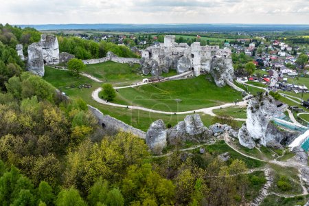 Les ruines du château médiéval sur le rocher à Ogrodzieniec, Pologne. L'un des bastions appelés nids d'aigles dans les hautes terres polonaises du Jurassique en Silésie.