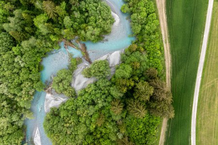 Drone view of the small river with  turquoise water near Flims in Canton Graubunden in Switzerland.