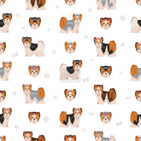 Illustration for Biewer Yorkshire Terrier seamless pattern. Different poses, coat colors set.  Vector illustration - Royalty Free Image