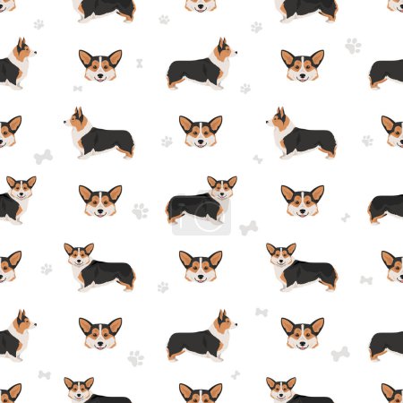 Illustration for Welsh Corgi Pembroke seamless pattern. All coat colors set.  All dog breeds characteristics infographic. Vector illustration - Royalty Free Image