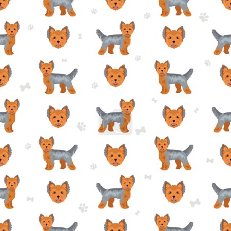 Illustration for Yorkshire Terrier seamless pattern. Different poses, coat colors set.  Vector illustration - Royalty Free Image