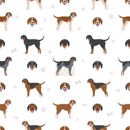 Illustration for American foxhound all colours seamless pattern. Different coat colors set.  Vector illustration - Royalty Free Image