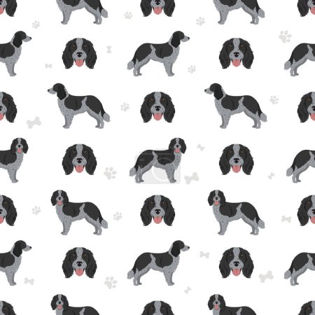 Illustration for Blue Picardy Spaniel seamless pattern. Different coat colors and poses set.  Vector illustration - Royalty Free Image