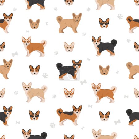 Illustration for Corgipoo seamless pattern. Welsh corgi Poodle mix. Different coat colors set.  Vector illustration - Royalty Free Image