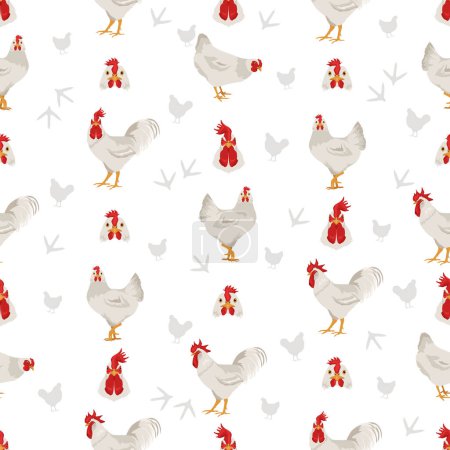 Ilustración de Leghorn Chicken cría un patrón sin costuras. Aves y animales de granja. Diferentes colores. Ilustración vectorial - Imagen libre de derechos