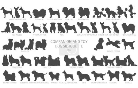 Perro razas siluetas, estilo simple clipart. Colección de perros de compañía y juguetes. Ilustración vectorial