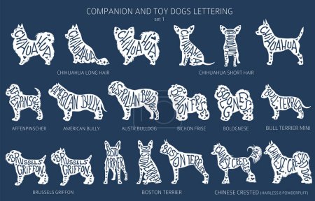 Dog breeds silhouettes with lettering, simple style clipart. Companion dogs and toy dogs collection.  Vector illustration