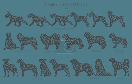 Illustration for Dog breeds silhouettes with lettering, simple style clipart. Guardian dogs and service dog collection.  Vector illustration - Royalty Free Image