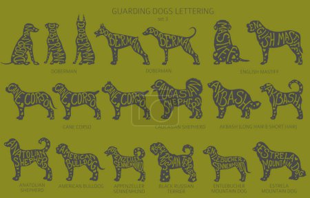 Illustration for Dog breeds silhouettes with lettering, simple style clipart. Guardian dogs and service dog collection.  Vector illustration - Royalty Free Image