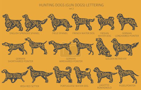 Illustration for Dog breeds silhouettes with lettering, simple style clipart. Hunting dogs and Gun dog collection.  Vector illustration - Royalty Free Image