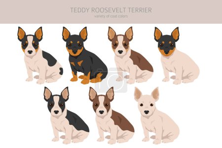 Illustration for Teddy Roosevelt terrier puppies clipart. Different poses, coat colors set.  Vector illustration - Royalty Free Image