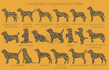 Illustration for Dog breeds silhouettes with lettering, simple style clipart. Hunting dogs, scenthounds, hounds collection.  Vector illustration - Royalty Free Image