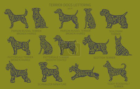 Illustration for Dog breeds silhouettes with lettering, simple style clipart. Hunting dogs, Terrier dogs collection.  Vector illustration - Royalty Free Image