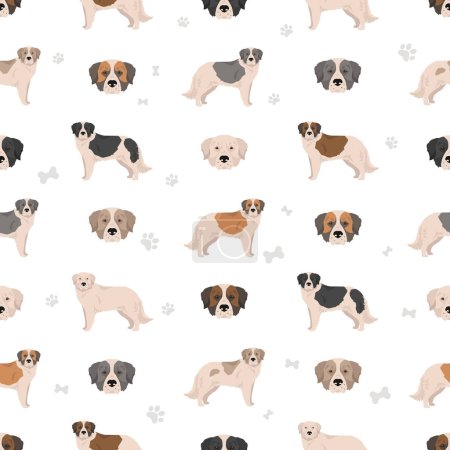 Illustration for Pyrenean mastiff seamless pattern. Different poses, coat colors set.  Vector illustration - Royalty Free Image