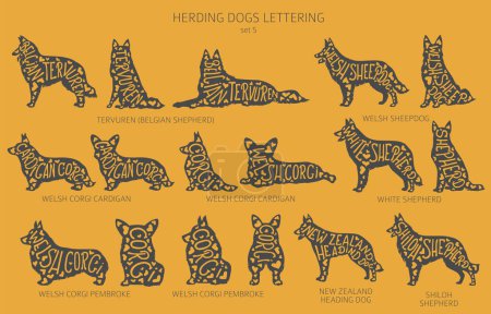 Hunderassen Silhouetten mit Schriftzug, einfache Cliparts. Hütehunde, Schäferhunde, Schäferhunde. Vektorillustration