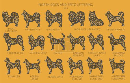 Dog breeds silhouettes with lettering, simple style clipart. North dogs and Spitz collection.  Vector illustration