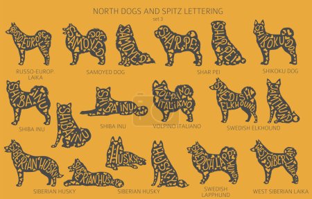 Dog breeds silhouettes with lettering, simple style clipart. North dogs and Spitz collection.  Vector illustration